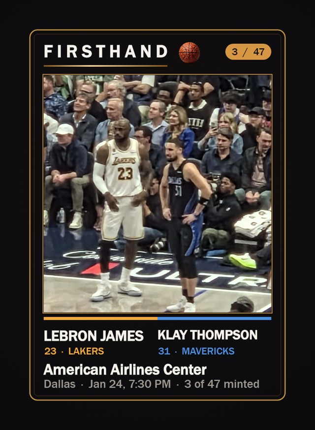 Firsthand card front — LeBron James and Klay Thompson, shot from the stands at American Airlines Center